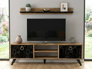 Dulap TV ZEN 160 cm cu polita de perete, decor nuc/marmura neagra