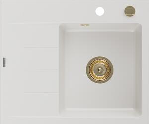 Mexen Ben, chiuvetă granit cu 1 cameră 600x500x190 mm, dreapta + sifon auriu, alb, 6523605000-20-G