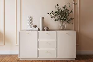 Comodă cu sertare Lorini 150 cm - casmir / mânere aurii T-bar