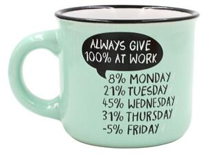 Cană cafea espresso Nekupto 80 ml, ceramică, verde, mesajul „ALWAYS GIVE 100% AT WORK”