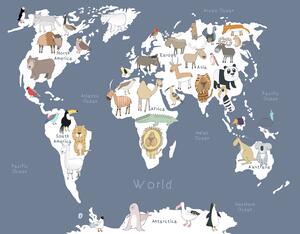 Ilustrație Illustrated Map of the World with Cute Animals, Carla Daly