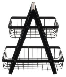 Cos depozitare fructe si legume, 2 nivele, design minimalist, metal negru mat, maner lemn