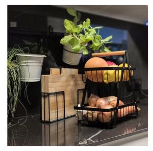 Cos depozitare fructe si legume, 2 nivele, design minimalist, metal negru mat, maner lemn