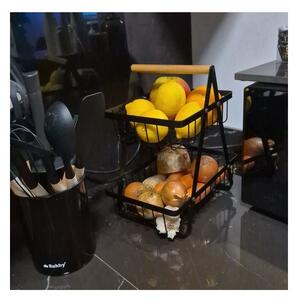 Cos depozitare fructe si legume, 2 nivele, design minimalist, metal negru mat, maner lemn