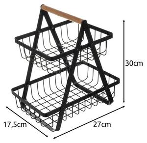 Cos depozitare fructe si legume, 2 nivele, design minimalist, metal negru mat, maner lemn