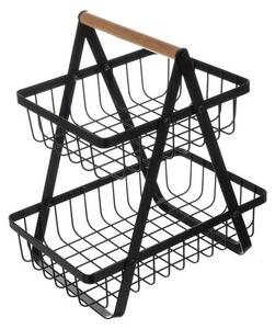 Cos depozitare fructe si legume, 2 nivele, design minimalist, metal negru mat, maner lemn
