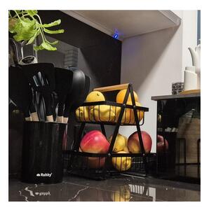 Cos depozitare fructe si legume, 2 nivele, design minimalist, metal negru mat, maner lemn