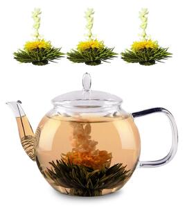 Feelino Ceainic de sticlă, 800 ml, sticlă borosilicată, cu capac, strecurătoare de ceai și flori de ceai