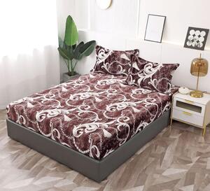 Husa de pat, 2 persoane, cocolino, 3 piese, cu elastic, 180x200cm, maro , cu model alb, HPC123