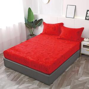 Husa de pat, 2 persoane, cocolino, 3 piese, cu elastic, 180x200cm, rosu , cu trandafiri rosii, HPC122