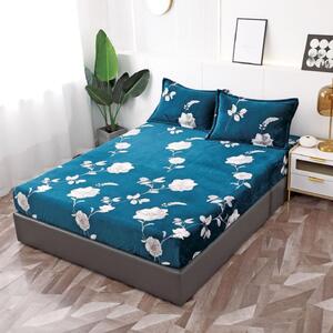 Husa de pat, 2 persoane, cocolino, 3 piese, cu elastic, 180x200cm, verde , cu flori albe, HPC121
