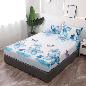 Husa de pat, 2 persoane, cocolino, 3 piese, cu elastic, 180x200cm, alb , cu flori albastre, HPC124