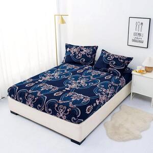 Husa de pat, 2 persoane, cocolino, 3 piese, cu elastic, 180x200cm, albastru , cu model auriu, HPC125