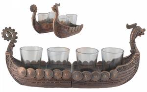Set 4 pahare de shot/tuica din sticla cu suport Corabia Vikinga 31 cm finisaj bronz