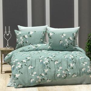 Lenjerie de pat dublu Bumbac 100% Ranforce 4 piese cearsaf pat 240 x 260 cm si pilota 200x230 cm, 2 fete perne 50x70 cm, Flori, Verde, Pucioasa