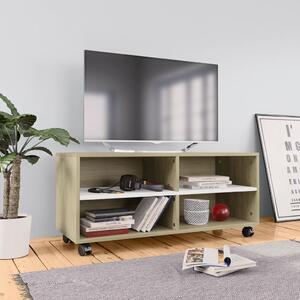 Comodă TV cu rotile, alb & stejar Sonoma, 90x35x35, PAL