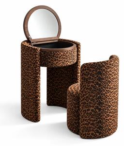 Masuta de machiaj Belle Époque vintage cu blat rotund si taburet tapitat, maro inchis cu model leopard
