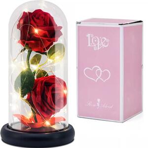 Trandafir etern într-un borcan de sticlă cu lumină LED, bază neagră - Roșu/verde - 2 trandafiri LOVE10