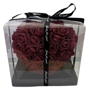 Inimă cu trandafir etern în cutie decorativă - 15 cm - Burgundia
