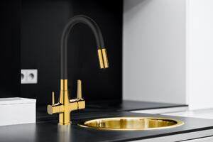 Invena Magic, baterie pentru chiuvetă de sine stătătoare cu braț flexibil și filtru de apă potabilă, negru-auriu lucios, INV-BZ-08-F09-V