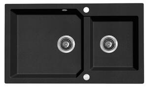 Kuchinox Milos, chiuveta granit cu 2 compartimente 860x500x215 mm + sifon, negru patat, LAV-SPM_7208