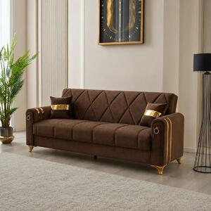 Canapea extensibila cu lada de depozitare 220x87x93 cm, maro si detalii aurii – Camara