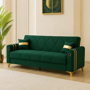 Canapea extensibila cu lada de depozitare 220x87x93 cm , detalii aurii,verde – Camara