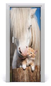 Autocolante pentru usi cal alb cu o pisică