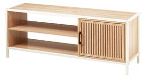 Comodă cu cadru metalic și rafturi MDF, design natural cu ușă din lemn, 116x33x45 cm, alb