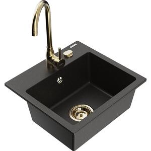 Mexen Milo chiuvetă de bucătărie din granit cu 1 compartiment și baterie Telma, negru/auriu - 6505-75-670200-50