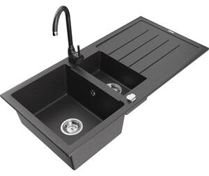 Mexen Andres chiuvetă de granit 1,5 compartimente cu scurgător și baterie de bucătărie Telma, negru cu pete - 6515-76-670200-76