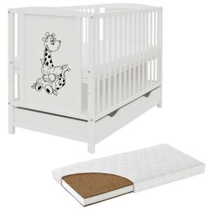 Patut din lemn masiv 120x60 cm Bria alb cu sertar si saltea cocos LUX 120x60x12 cm, reglabil pe 3 nivele, certificat EN71