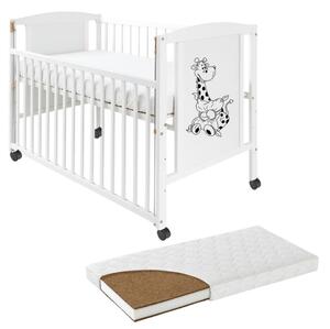Patut din lemn masiv 120x60 cm Bria alb cu laterala culisanta si roti, saltea cocos LUX 120x60x12 cm inclusa, reglabil pe 3 nivele, certificat EN71
