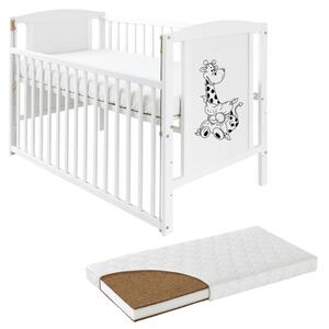 Patut din lemn masiv 120x60 cm Bria alb cu laterala culisanta si saltea cocos LUX 120x60x12 cm, reglabil pe 3 nivele, certificat EN71
