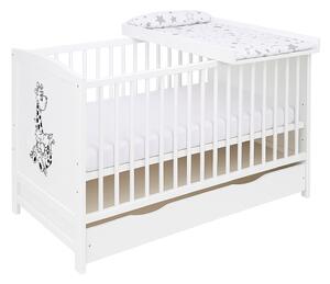 Patut din lemn masiv 120x60 cm Bria alb cu sertar, masuta infasat din lemn si salteluta bumbac impermeabila incluse, reglabil pe 3 nivele, certificat EN71