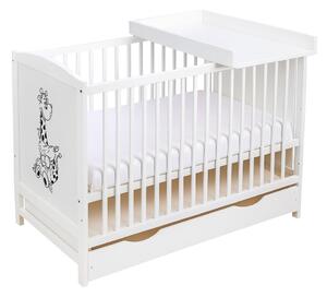 Patut din lemn masiv 120x60 cm Bria alb cu sertar, masuta infasat din lemn inclusa, reglabil pe 3 nivele, certificat EN71