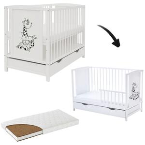 Patut din lemn masiv 120x60 cm Bria alb cu sertar si saltea cocos LUX 120x60x12 cm, include bariera, reglabil pe 3 nivele, certificat EN71