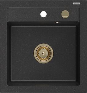 Mexen Vito chiuvetă de granit cu 1 compartiment 520 x 490 mm, Neagră/Argintiu metalic, sifon Auriu - 6503521000-73-G