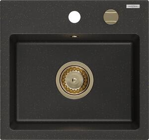 Mexen Milo, chiuvetă din granit 435x410x171 mm, 1 cameră, negru-auriu metalic cu sifon auriu, 6505441000-75-G