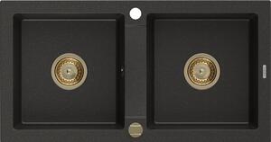 Mexen Mario, chiuvetă din granit 820x436x161 mm, 2 camere, negru-auriu metalic cu sifon auriu, 6504822000-75-G