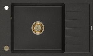 Mexen Elias chiuvetă din granit cu 1 compartiment cu picurător 795 x 480 mm, Neagră/Auriu metalic, sifon Auriu - 6511791005-75-G