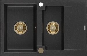 Mexen Gaspar, chiuveta granit 737x475x177 mm, 1,5 camere, negru-argintiu metalic cu sifon auriu, 6507731505-73-G