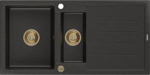 Mexen Andres, chiuveta granit 1000x500x200 mm, 1,5 camere, negru cu auriu metalic si sifon auriu, 6515101510-75-G