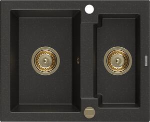 Mexen Carlos, chiuvetă din granit 582x475x177 mm, 1,5 camere, negru-auriu metalic cu sifon auriu, 6518581500-75-G