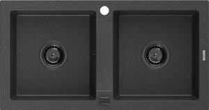 Mexen Mario Chiuvetă de granit cu 2 compartimente 820 x 436 mm, Neagră picățele, sifon Neagră - 6504822000-76-B