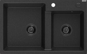 Mexen Tomas Chiuvetă de granit cu 2 compartimente 800 x 500 mm, Neagră/Argintiu metalic, sifon Neagră - 6516802000-73-B