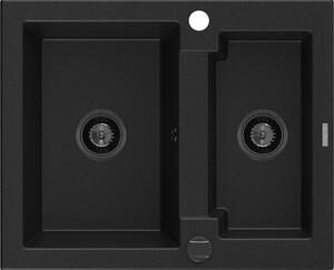 Mexen Carlos chiuvetă de granit cu 1,5 compartiment 582 x 475 mm, Neagră, sifon Neagră - 6518581500-77-B