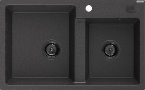 Mexen Tomas Chiuvetă de granit cu 2 compartimente 800 x 500 mm, Neagră picățele, sifon Neagră - 6516802000-76-B