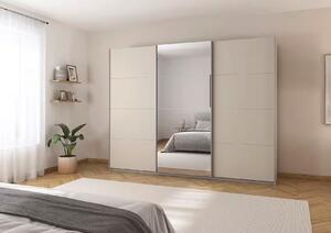 Dressing 271 cm lungime, 3 uși glisante, oglindă pe mijloc, culoare crem, compartimentare premium, 210 cm înălțime