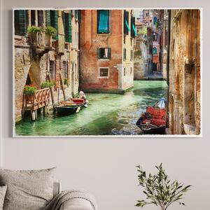 Tablou Canvas Premium LuxCanva® A1106, Prin Venetia , Gondola, Barca, Plimbare, Case, Culori Vibrante